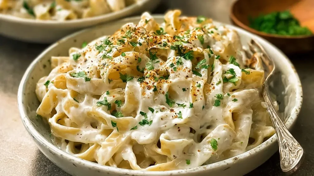 High Protein Alfredo Sauce over pasta in a light bowl, garnished with parsley and black pepper