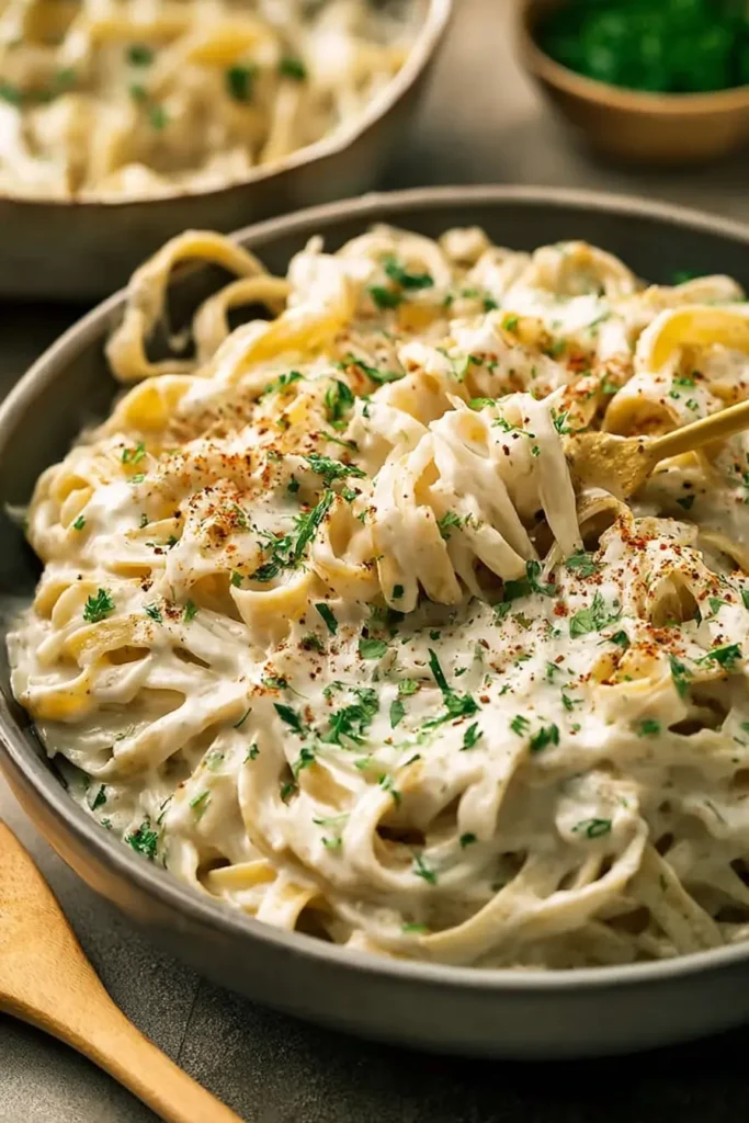 High Protein Alfredo Sauce on pasta with creamy white sauce, parsley garnish, and a spoon lifting noodles