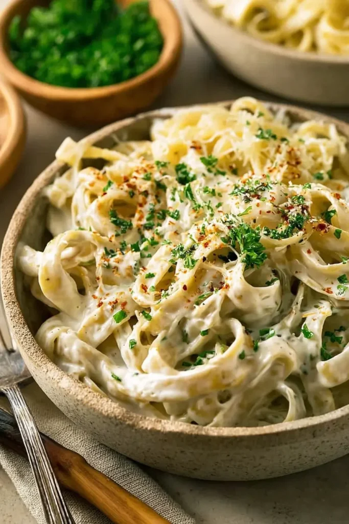 High Protein Alfredo Sauce coating pasta ribbons in a rustic bowl, topped with parsley and grated Parmesan