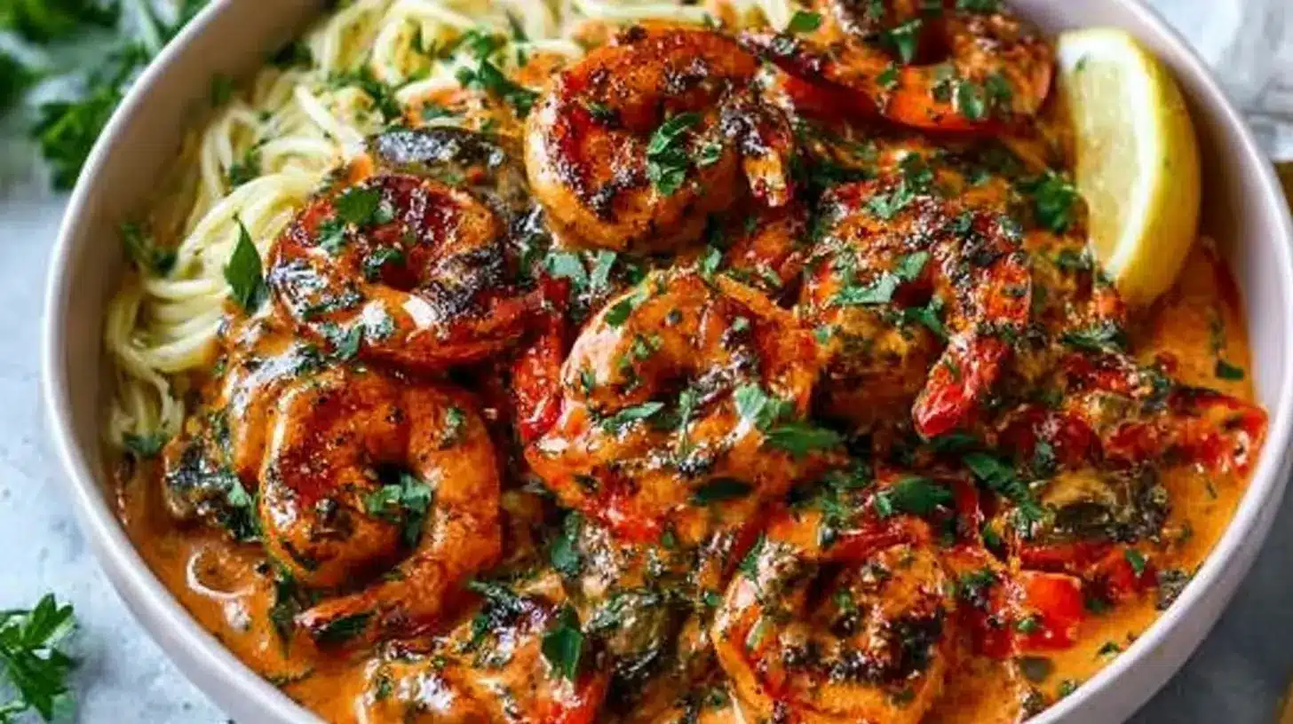 Creamy Garlic-Paprika Shrimp Skillet: Amazing & Cozy 1 Creamy Garlic-Paprika Shrimp Skillet served over pasta with creamy paprika sauce, tender shrimp, herbs, and lemon on the side
