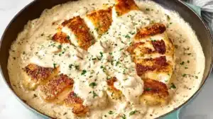 Cream Cheese Chicken cooked in a skillet with a thick cream cheese sauce, seared chicken pieces, and fresh herbs