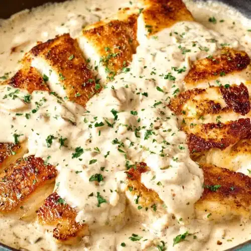 Cream Cheese Chicken cooked in a skillet with a thick cream cheese sauce, seared chicken pieces, and fresh herbs