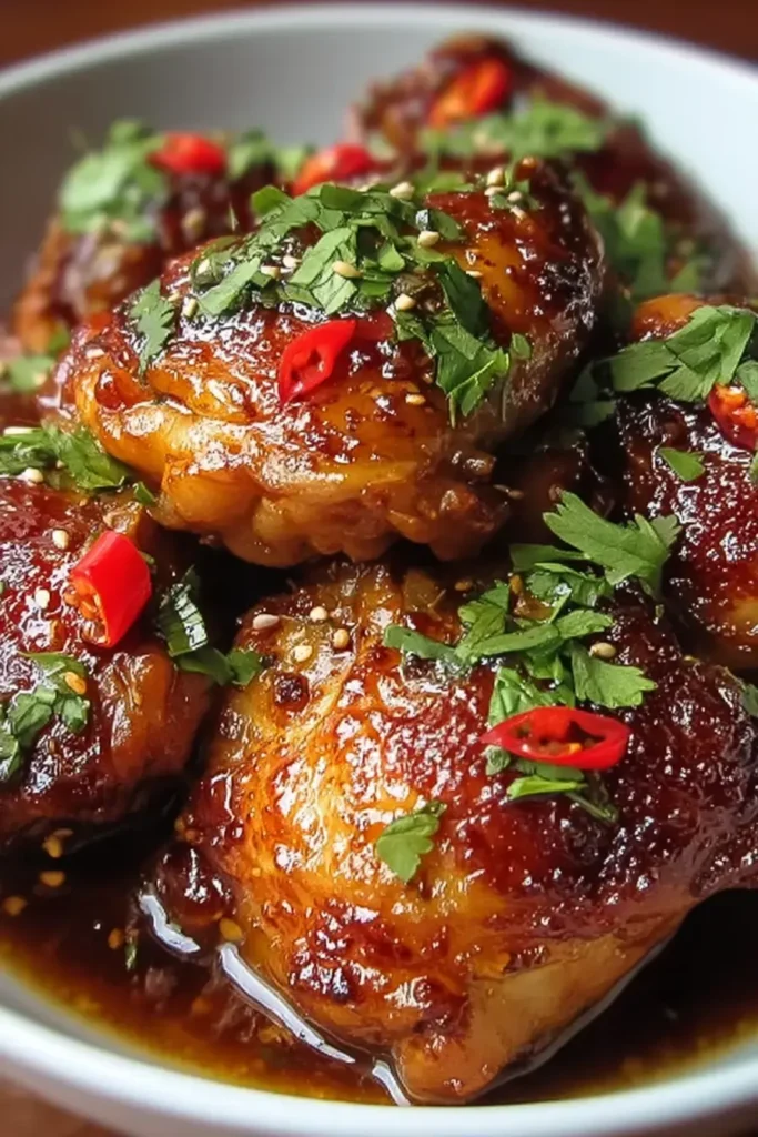 Crockpot sweet chili chicken thighs in a white bowl, glazed in sticky sauce and topped with fresh cilantro and red chili slices