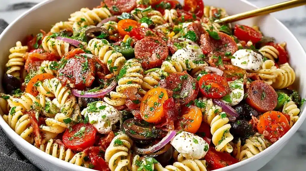 Italian Dressing Pasta Salad tossed with rotini pasta, cherry tomatoes, olives, mozzarella, salami slices, red onion, and herbs in a large serving bowl
