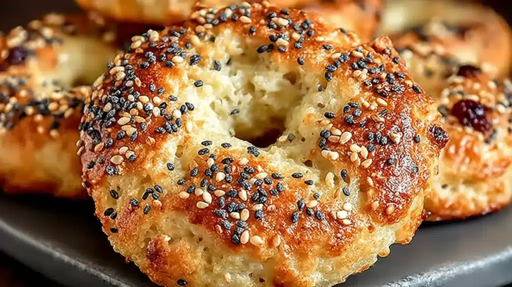 Close-up of golden Greek yogurt bagels topped with everything seasoning and baked to a fluffy, chewy texture on a dark plate.