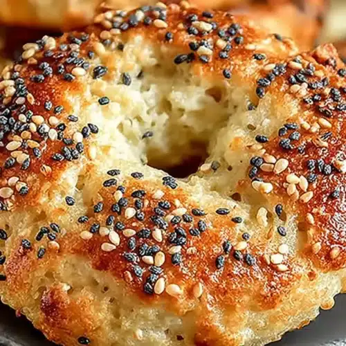 Fluffy & Healthy Greek Yogurt Bagels: Simple, High-Protein & Bakery-Style 2 Close-up of golden Greek yogurt bagels topped with everything seasoning and baked to a fluffy, chewy texture on a dark plate.