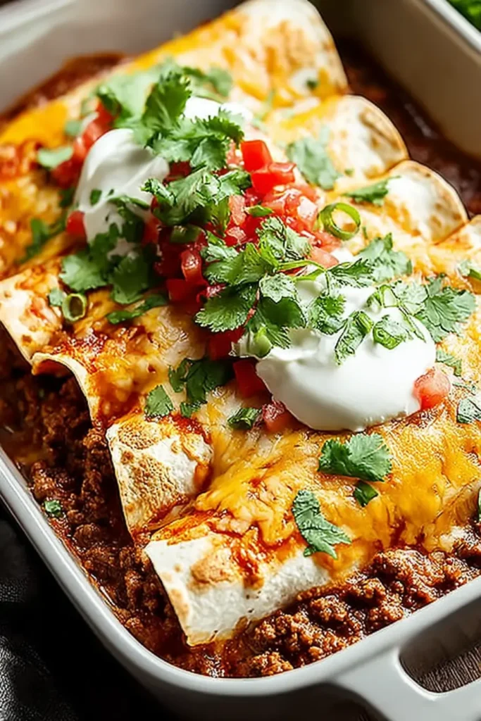 Easy cheesy ground beef enchiladas baked with melted cheddar cheese, topped with sour cream, diced tomatoes, and fresh cilantro