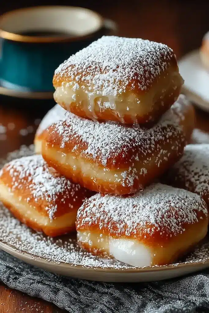Tall stack of square vanilla French beignets on a plate, dripping vanilla glaze and dusted with powdered sugar, with a coffee cup in the background.