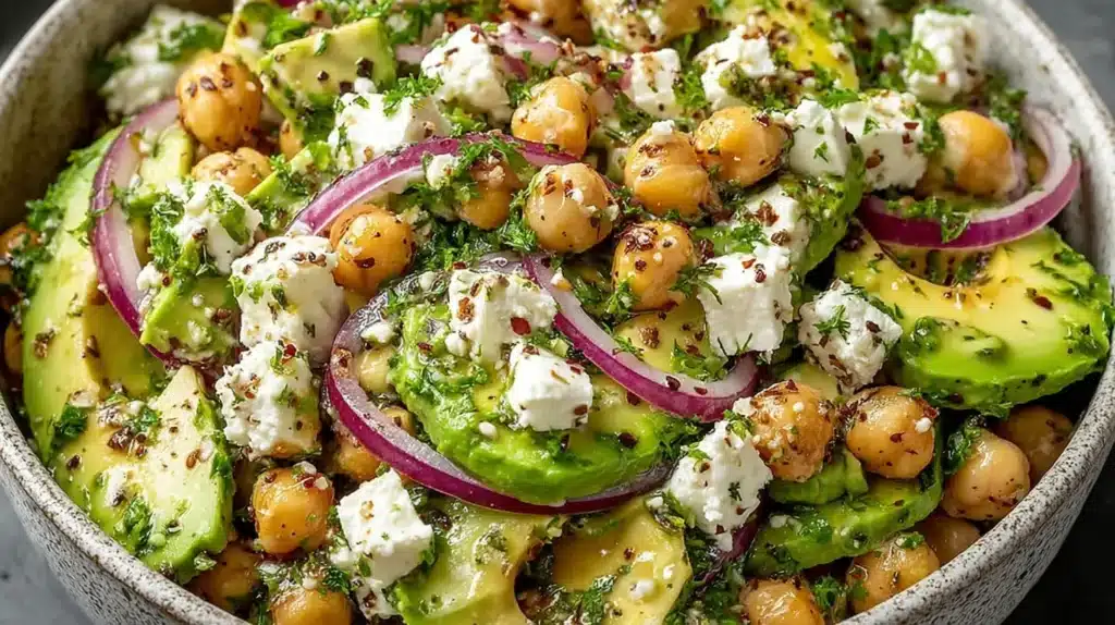 Wide bowl of chickpea feta avocado salad with red onion and herbs