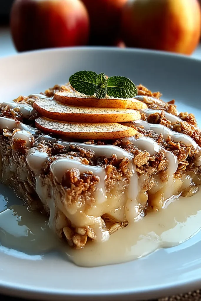 Oatmeal Apple Breakfast Bake slice on a plate topped with apple slices, oat crumble, and vanilla glaze dripping over the edges