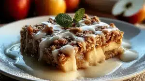 Oatmeal Apple Breakfast Bake topped with crunchy oat streusel and creamy glaze on a plate, finished with mint and baked apples