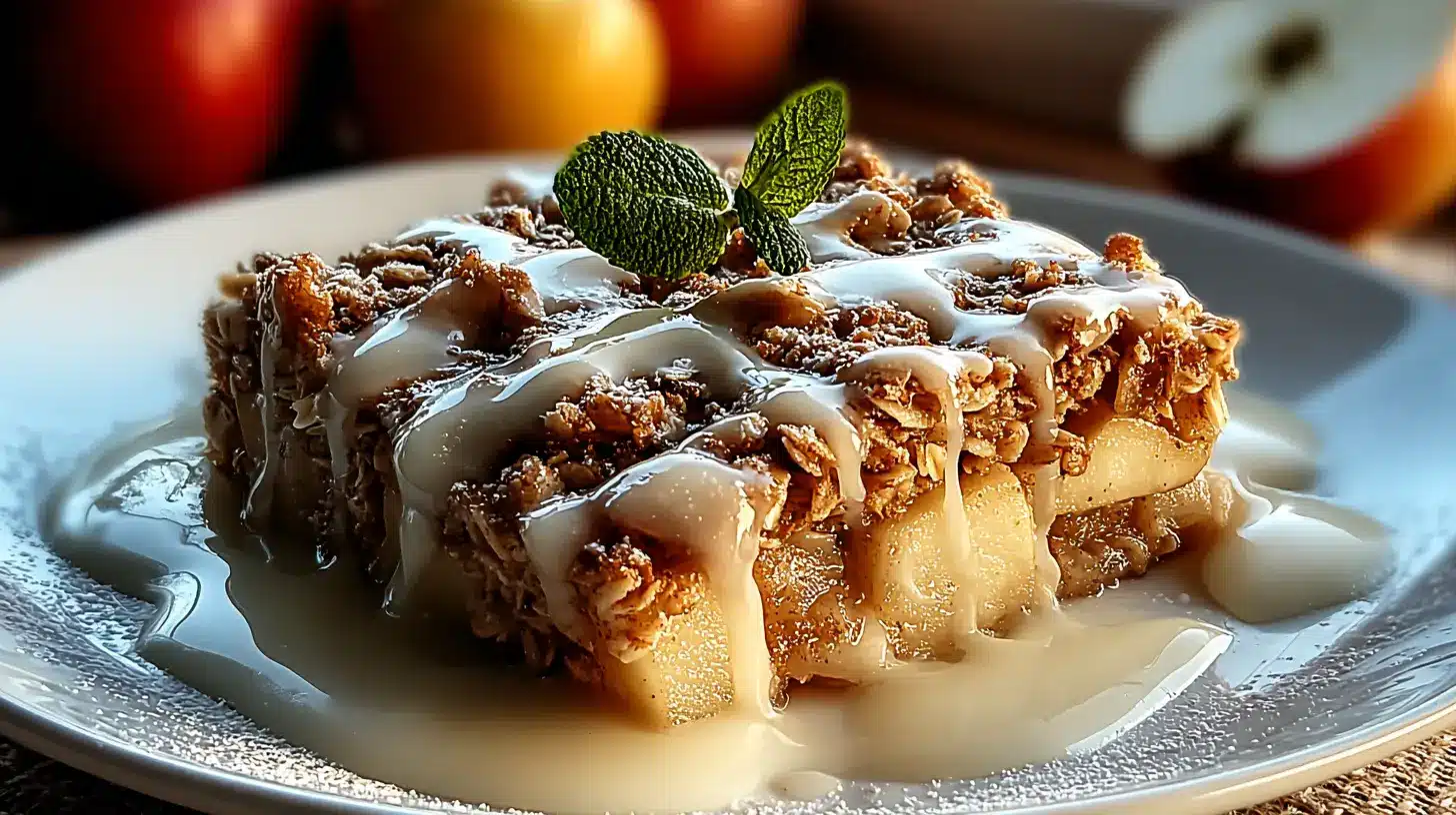 Oatmeal Apple Breakfast Bake topped with crunchy oat streusel and creamy glaze on a plate, finished with mint and baked apples