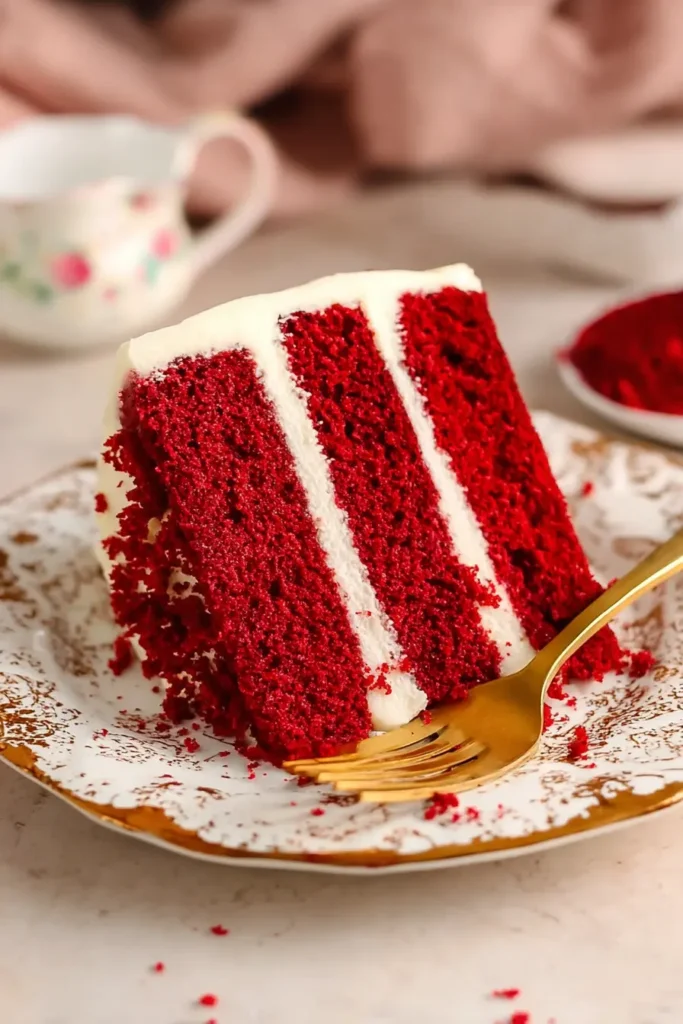 Easy Classic Red Velvet Cake slice with three red velvet layers and cream cheese frosting on a dessert plate with a fork
