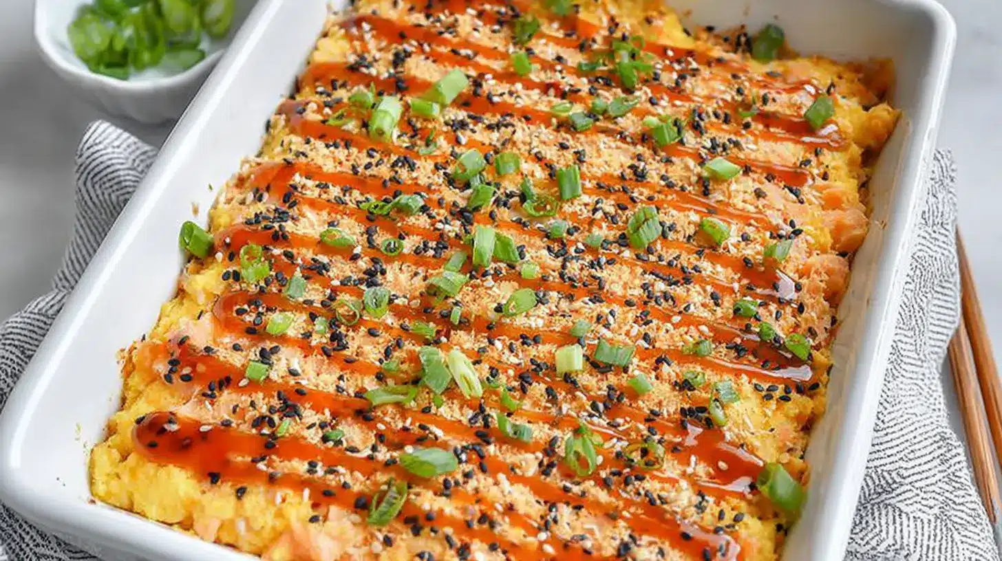 Rectangular pan filled with salmon sushi bake topped with sauce drizzle, black sesame seeds and sliced green onions, ready to serve a crowd.