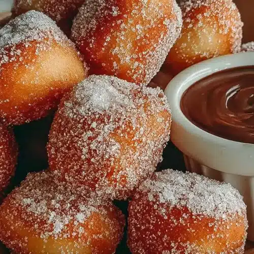Close-up of Crispy Air Fryer Churro Bites dusted with cinnamon sugar beside a ramekin of glossy chocolate dipping sauce