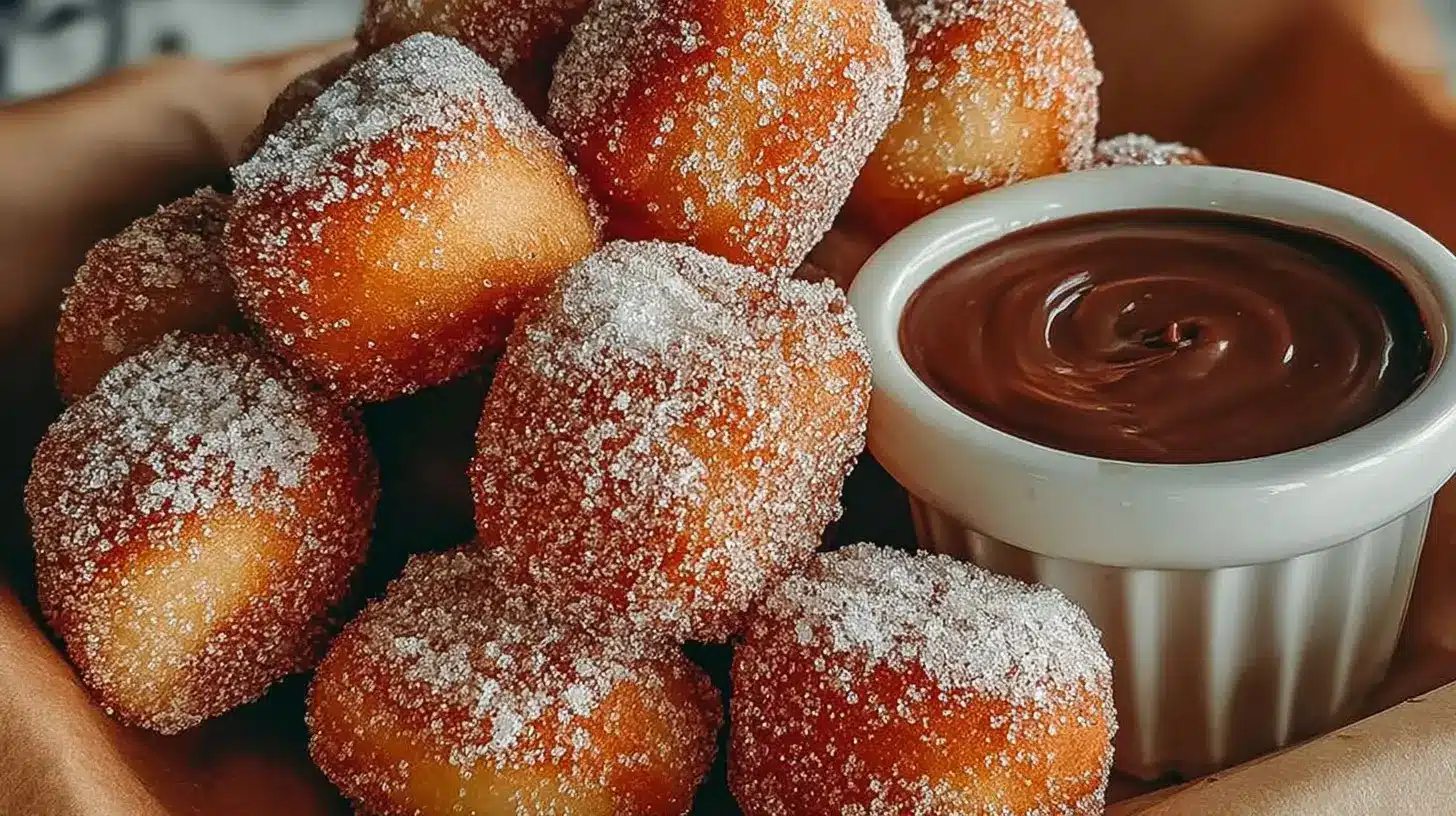 Close-up of Crispy Air Fryer Churro Bites dusted with cinnamon sugar beside a ramekin of glossy chocolate dipping sauce