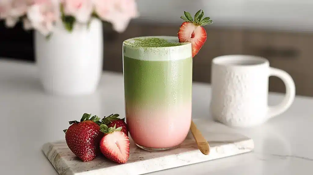 Layered strawberry matcha latte in a tall glass on a marble board, topped with matcha powder and garnished with fresh strawberries.