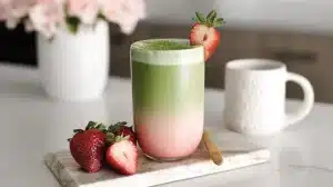 Layered strawberry matcha latte in a tall glass on a marble board, topped with matcha powder and garnished with fresh strawberries.
