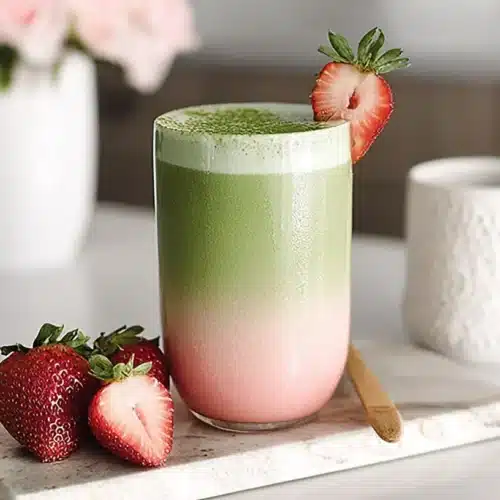 Layered strawberry matcha latte in a tall glass on a marble board, topped with matcha powder and garnished with fresh strawberries.