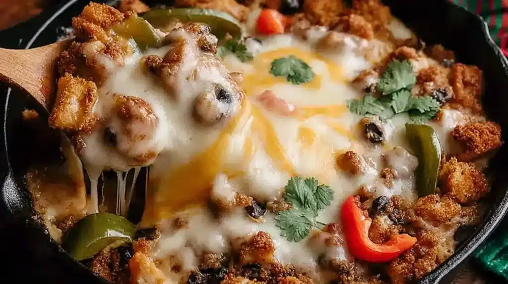 Best Chicken Fajita Casserole with melted cheese, seasoned chicken, peppers, and onions served hot from the skillet
