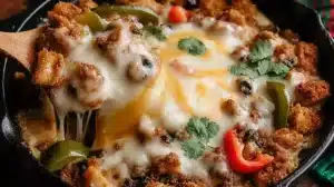 Best Chicken Fajita Casserole with melted cheese, seasoned chicken, peppers, and onions served hot from the skillet
