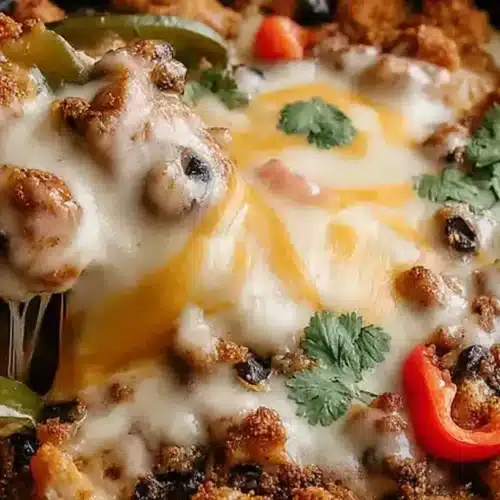 Best Chicken Fajita Casserole with melted cheese, seasoned chicken, peppers, and onions served hot from the skillet