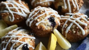 Several lemon blueberry sourdough bread muffins topped with white glaze, arranged on a tray with fresh lemon wedges.