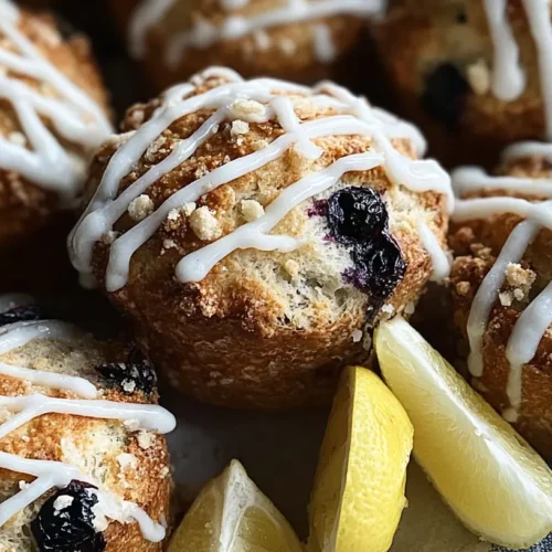 Several lemon blueberry sourdough bread muffins topped with white glaze, arranged on a tray with fresh lemon wedges.