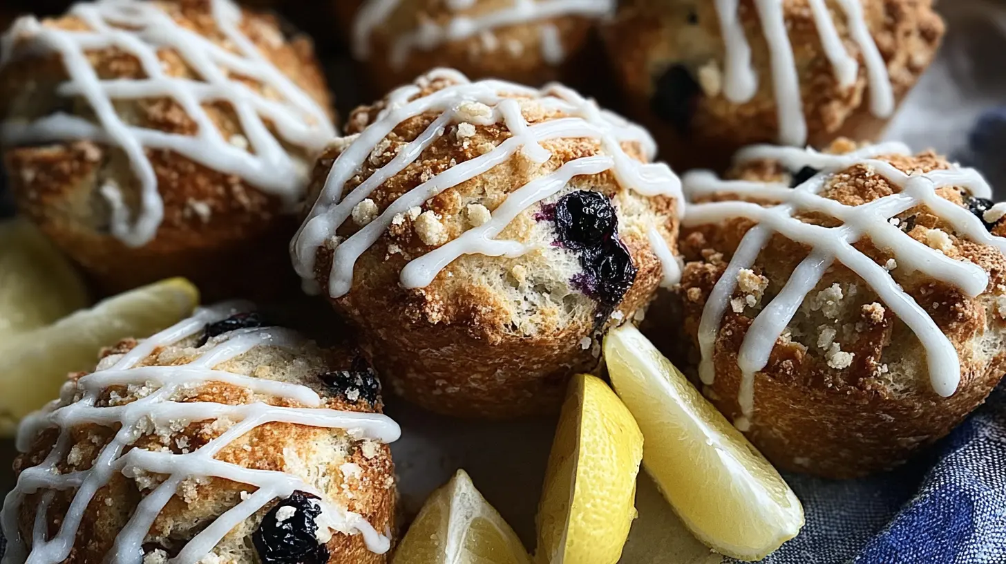 Several lemon blueberry sourdough bread muffins topped with white glaze, arranged on a tray with fresh lemon wedges.