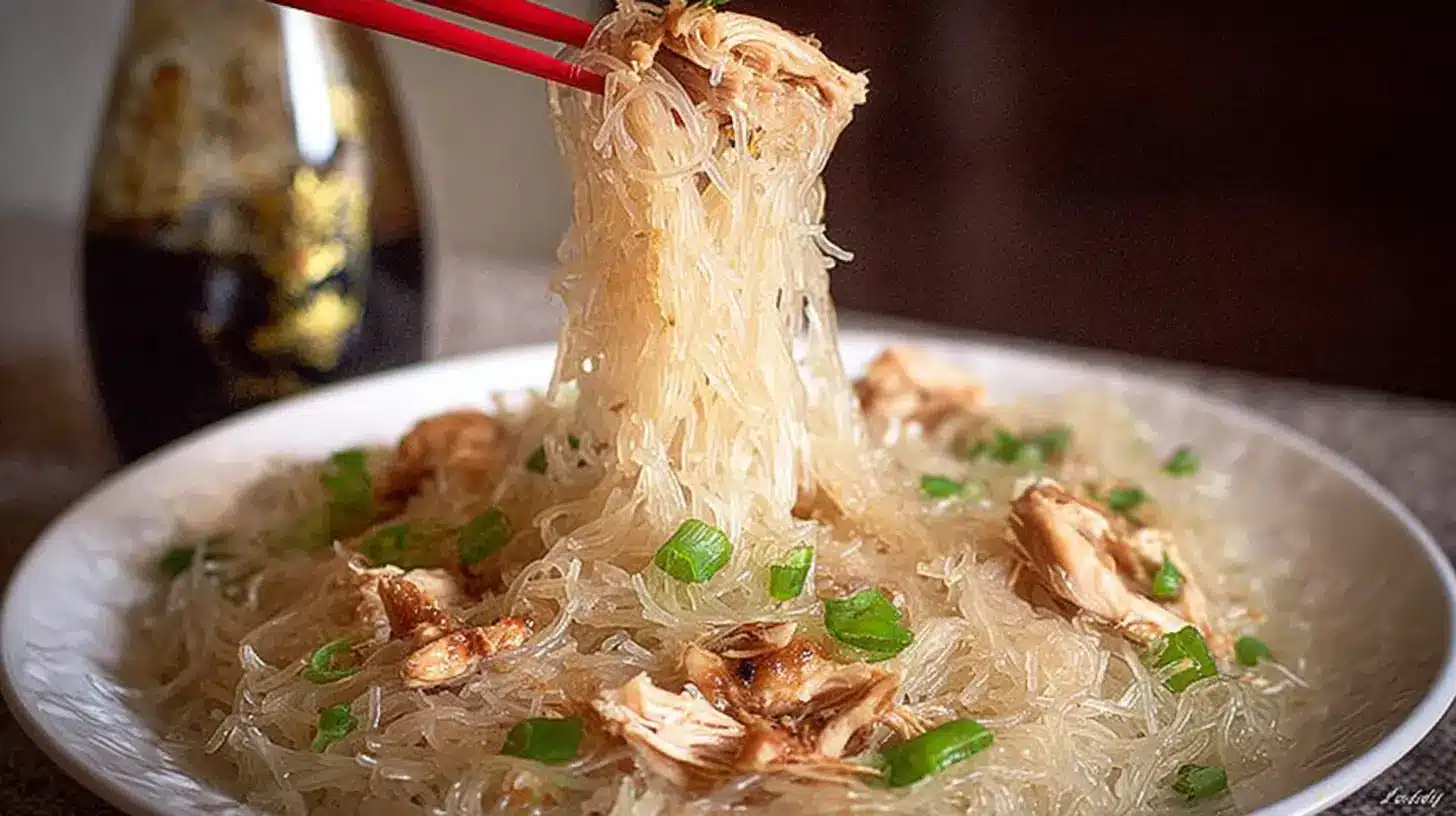Chopsticks lifting chicken long rice glass noodles with green onions and shredded chicken from a white plate.