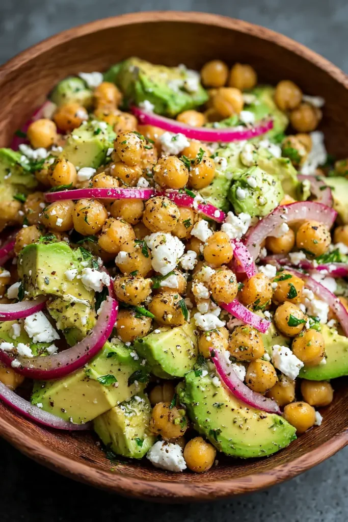 Close-up of chickpea feta avocado salad with red onions in a wooden bowl