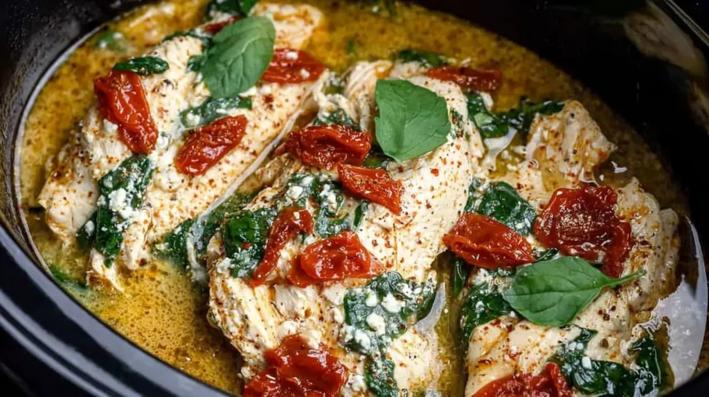 Horizontal shot of chicken breasts cooking in a crockpot with spinach, sun-dried tomatoes, and a light broth-style sauce for healthy chicken tacos.
