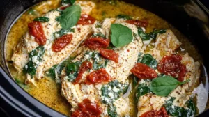 Horizontal shot of chicken breasts cooking in a crockpot with spinach, sun-dried tomatoes, and a light broth-style sauce for healthy chicken tacos.