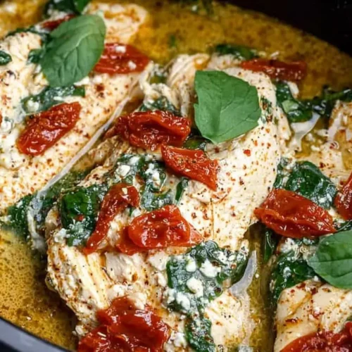 Horizontal shot of chicken breasts cooking in a crockpot with spinach, sun-dried tomatoes, and a light broth-style sauce for healthy chicken tacos.