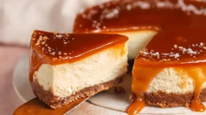 Salted Caramel Cheesecake Recipe: Ultimate & Silky Salted Caramel Cheesecake Recipe with silky caramel topping, creamy cheesecake texture, and crunchy graham crust, served in neat wedges
