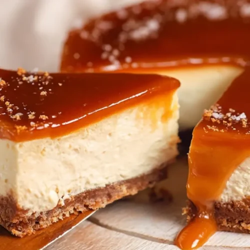 Salted Caramel Cheesecake Recipe with silky caramel topping, creamy cheesecake texture, and crunchy graham crust, served in neat wedges