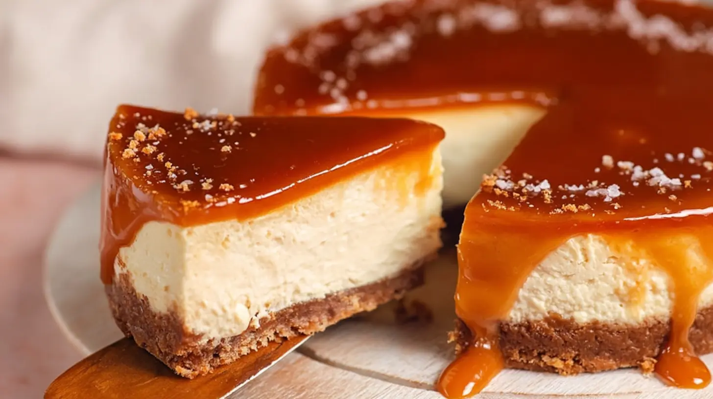 Salted Caramel Cheesecake Recipe with silky caramel topping, creamy cheesecake texture, and crunchy graham crust, served in neat wedges