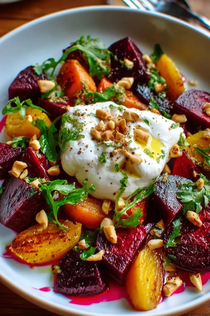Close-up of beet and carrot salad with creamy burrata, arugula and chopped nuts on a white plate.