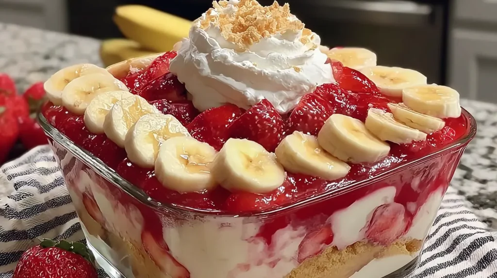 Strawberry Banana Pudding Dream in a serving dish with banana slices around the top, strawberries, whipped cream, and glossy strawberry sauce