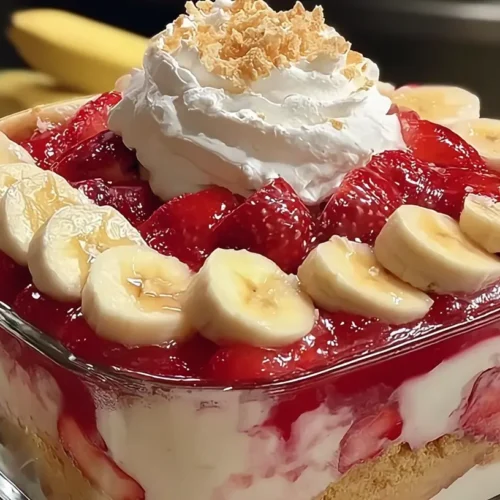 Strawberry Banana Pudding Dream in a serving dish with banana slices around the top, strawberries, whipped cream, and glossy strawberry sauce