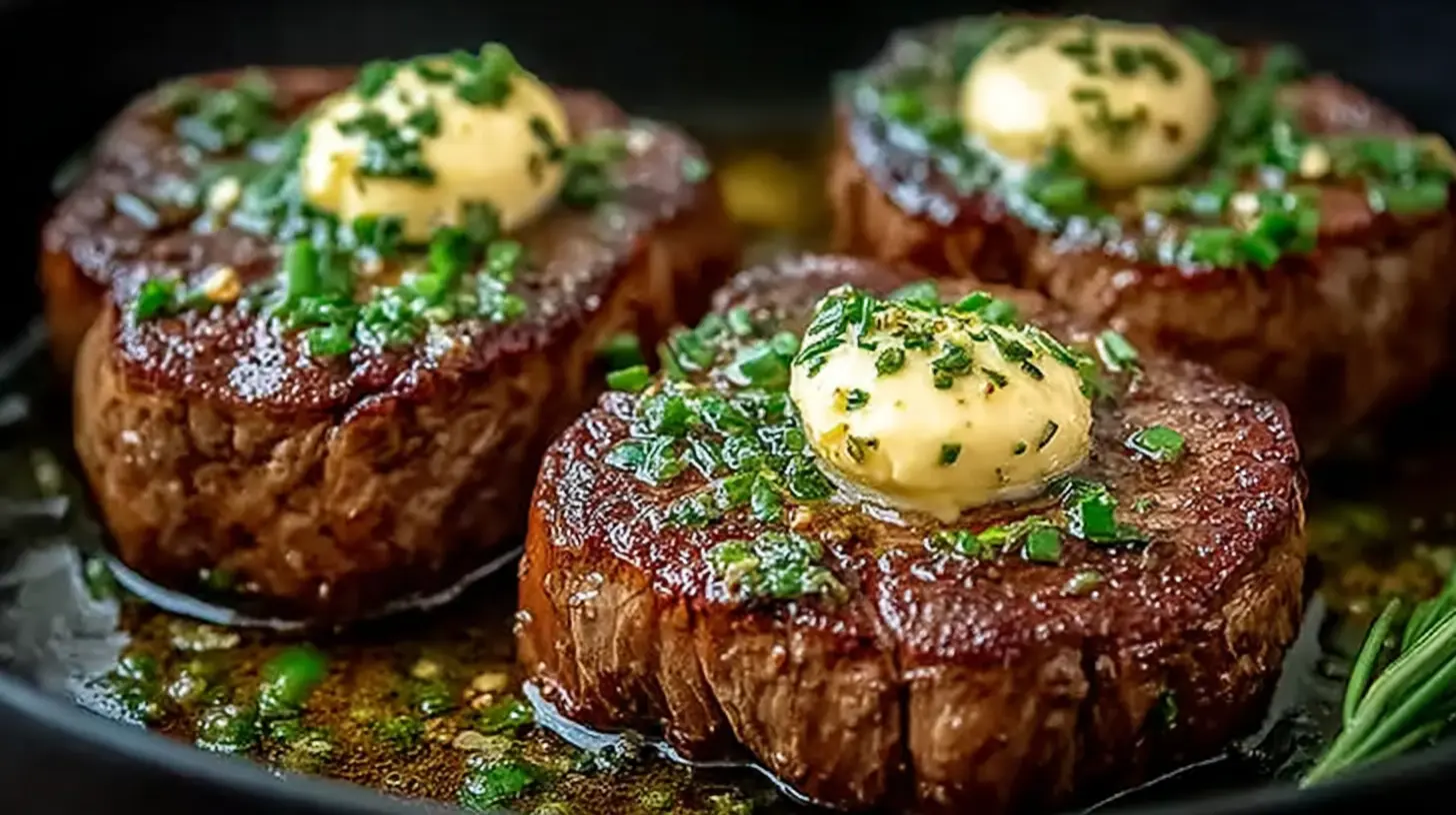 Pan Seared Steak with Garlic Butter: Amazing, Juicy Finish 1 Pan Seared Steak with Garlic Butter served in a pan with three seared steaks topped with garlic herb butter, parsley, and glossy pan juices