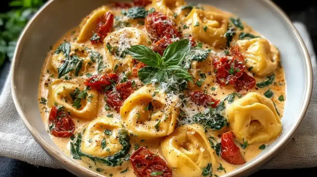 Bowl of Marry Me tortellini pasta coated in creamy sun-dried tomato sauce with spinach, parmesan, and fresh basil.
