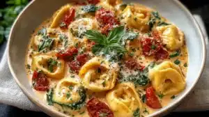 Bowl of Marry Me tortellini pasta coated in creamy sun-dried tomato sauce with spinach, parmesan, and fresh basil.