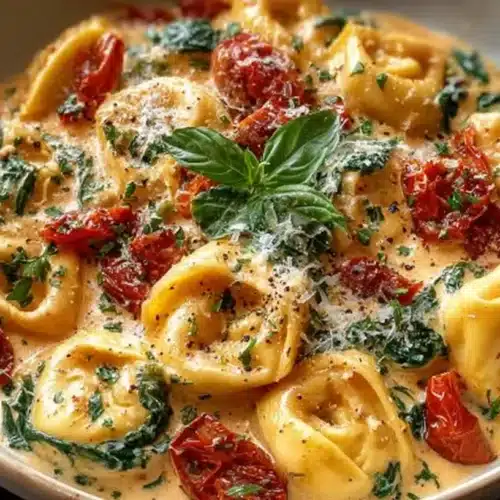 Bowl of Marry Me tortellini pasta coated in creamy sun-dried tomato sauce with spinach, parmesan, and fresh basil.