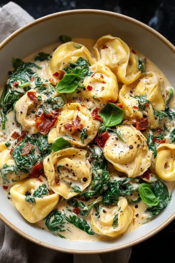 Close-up of Marry Me tortellini in a creamy tomato garlic sauce with spinach and basil, served in a shallow bowl.