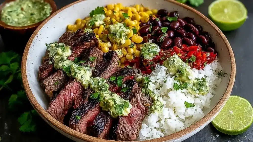 Cilantro Lime Steak Bowls served with rice, corn, black beans, avocado sauce, and lime wedges