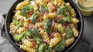 Fresh Broccoli Pasta Salad with rotini pasta, crisp broccoli florets, red onion, and a creamy dressing in a black serving bowl