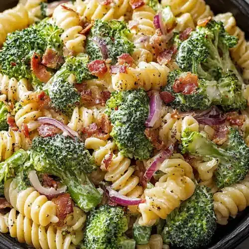 Fresh Broccoli Pasta Salad with rotini pasta, crisp broccoli florets, red onion, and a creamy dressing in a black serving bowl