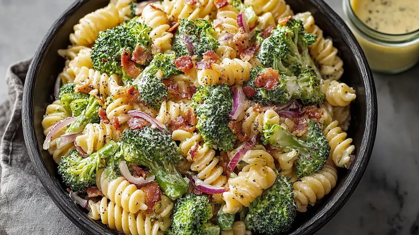 Fresh Broccoli Pasta Salad with rotini pasta, crisp broccoli florets, red onion, and a creamy dressing in a black serving bowl