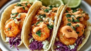 Air Fryer Bang Bang Shrimp Tacos with crispy shrimp, purple cabbage slaw, creamy bang bang sauce, and fresh cilantro on soft tortillas